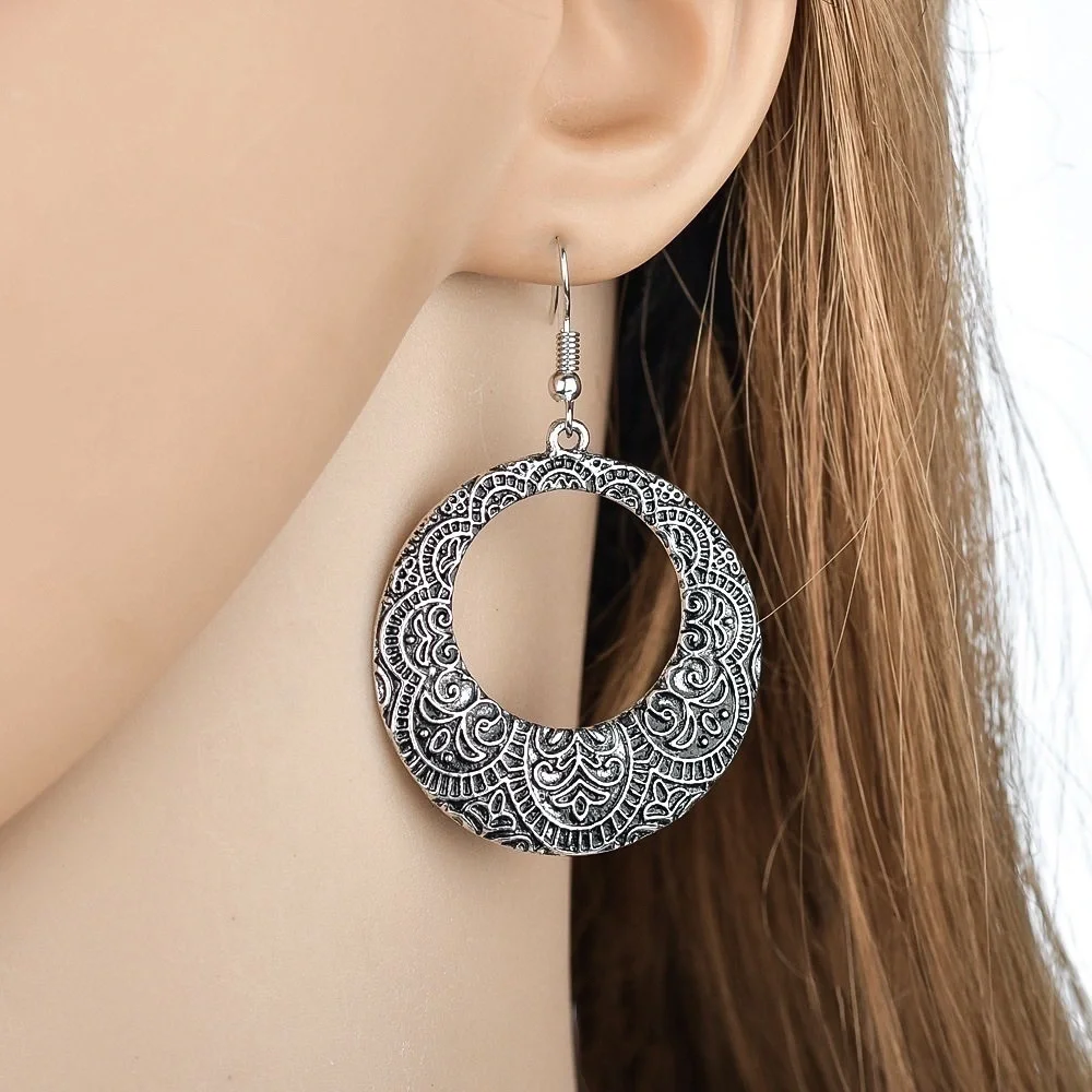 Any 3/$25! Dark Gray Engraved Circular Boho Drop Earrings - Picture 4 of 7